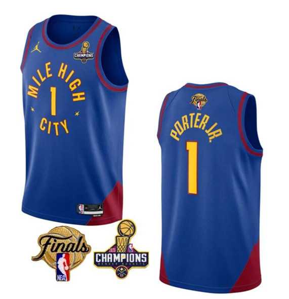 Mens Denver Nuggets #1 Michael Porter Jr. Blue 2023 Nuggets Champions Patch And Finals Patch Statemenr Edition Stitched Basketball Jersey